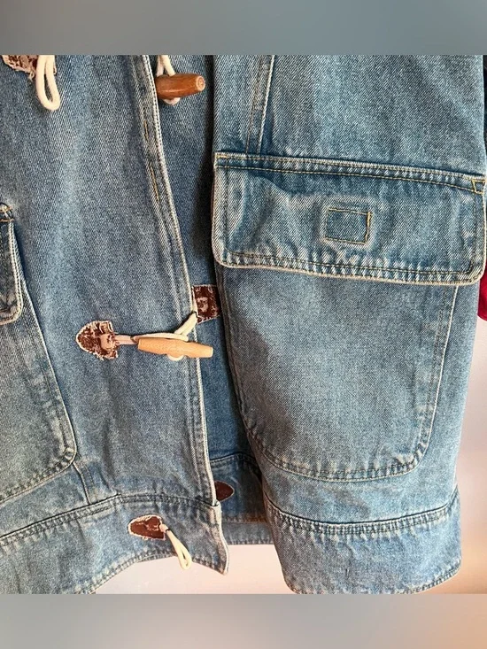 Vintage 90s Denim Barn Coat with Red Lining Toggle Paddington Cotton L - Picture 2 of 8